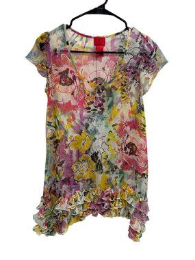 V Cristina Small Multicolor Floral Sheer Ruffle Asymmetrical Top Soft Girl
